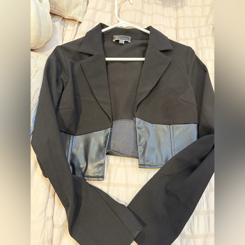 REVOLVE Black Cropped Blazer with Leather Detail